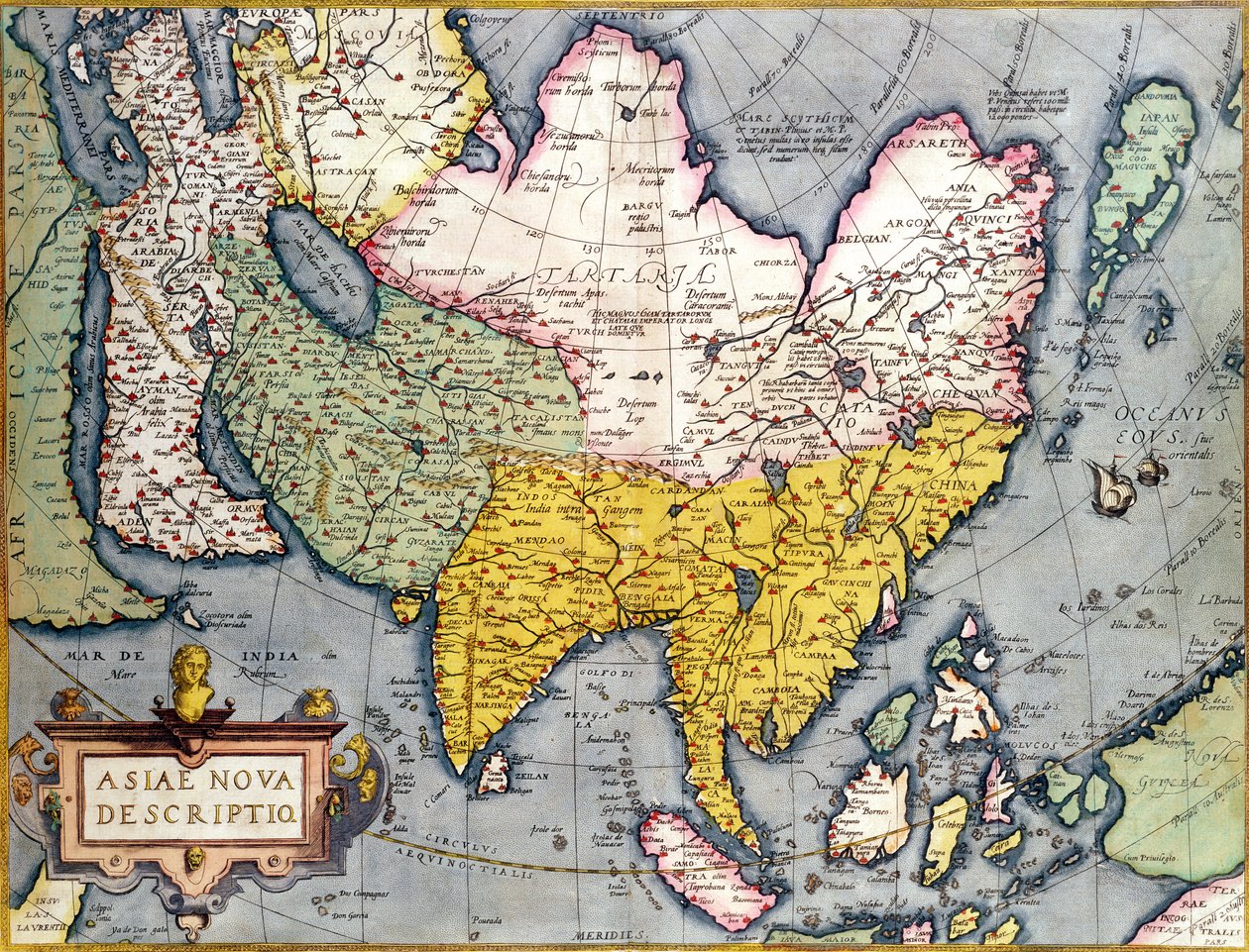 Asia: Mappa del continente inclusi Giappone e Indie Orientali con parte della Nuova Guinea da Abraham Ortelius