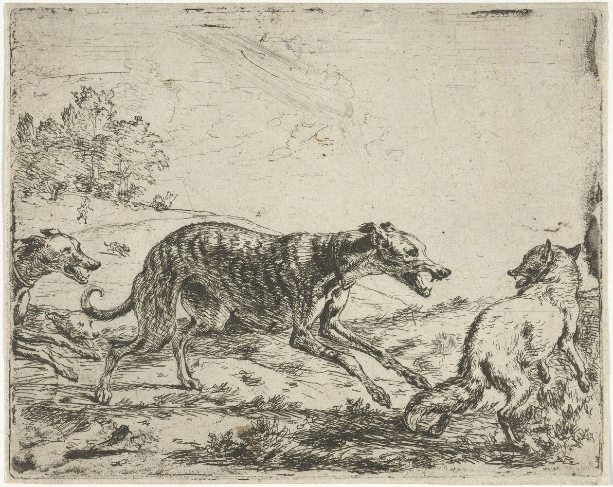 Volpe e tre cani da Abraham Danielsz. Hondius