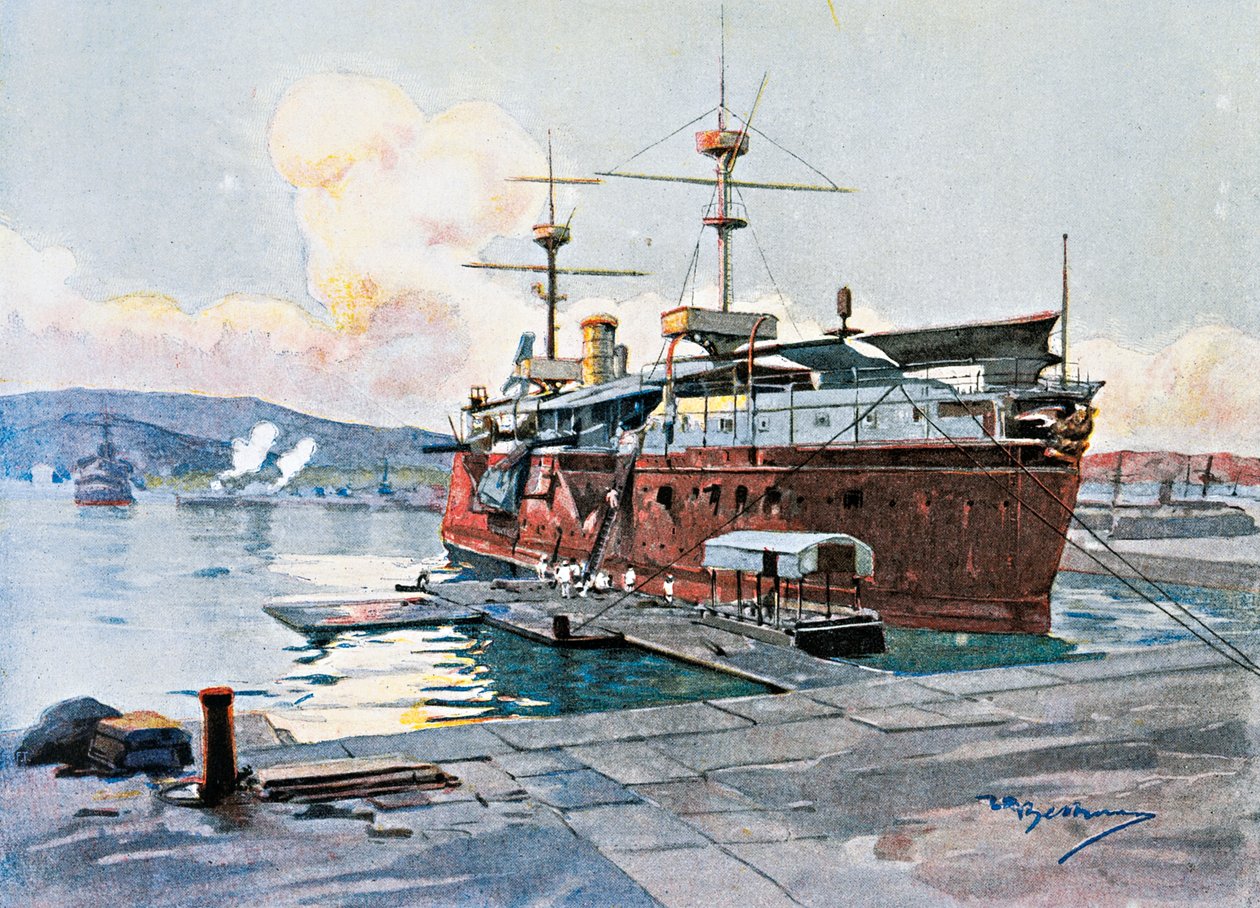 La vecchia nave Castelfidardo a La Spezia da Achille Beltrame
