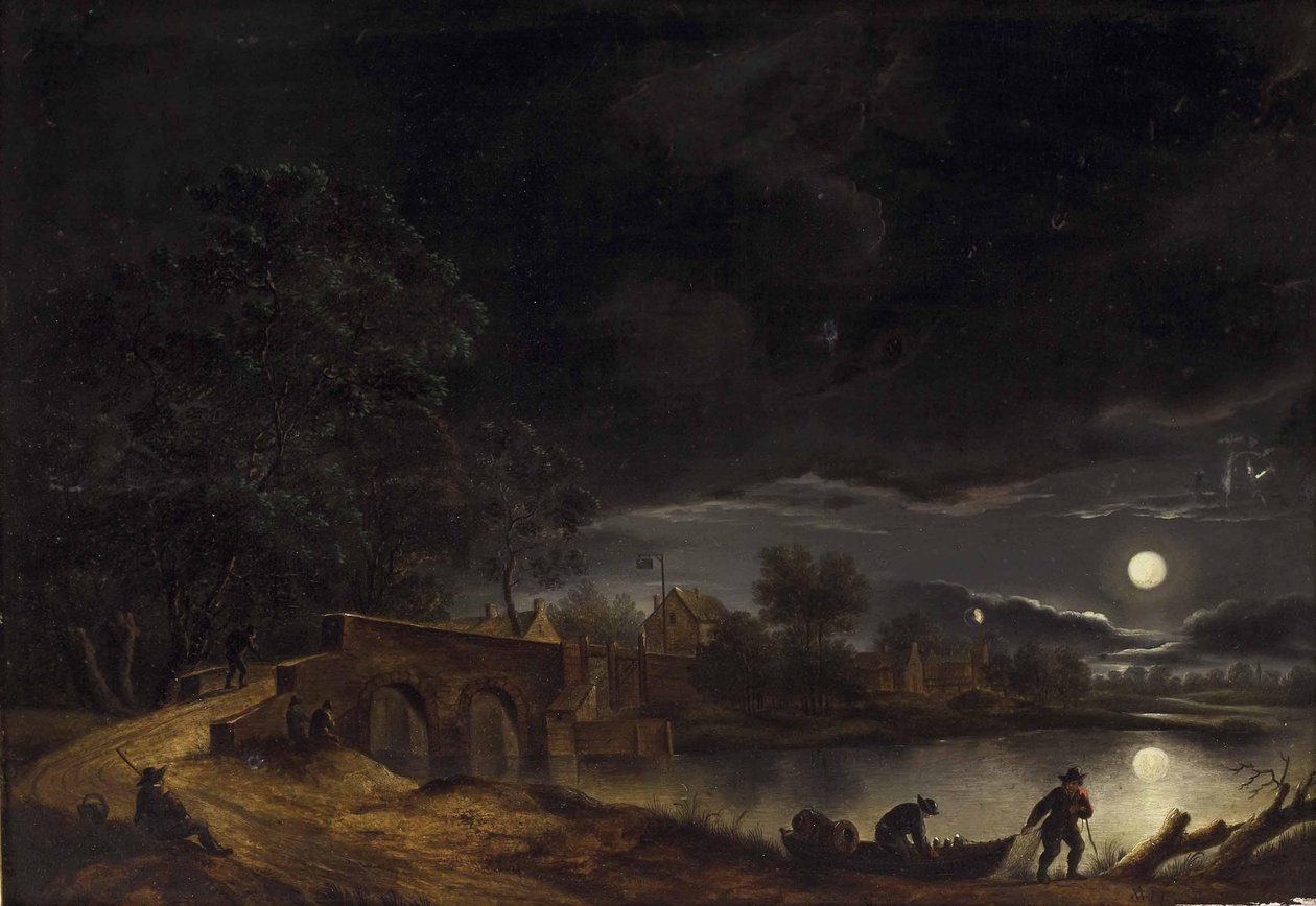 Luna piena su un villaggio sul fiume con ponte e figure da Adolph Friedrich Vollmer