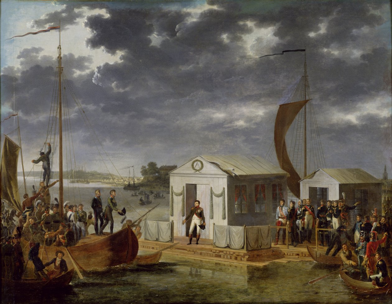 Incontro tra Napoleone Bonaparte (1769-1821) e Alessandro I (1777-1825) di Russia a Niemen, 25 giugno 1807, 1808 da Adolphe Roehn