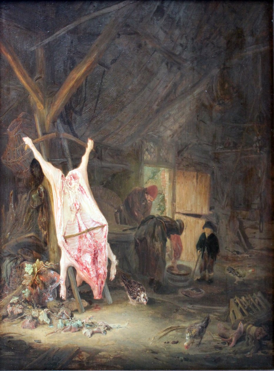 Maiale macellato in un fienile da Adriaen Jansz. van Ostade
