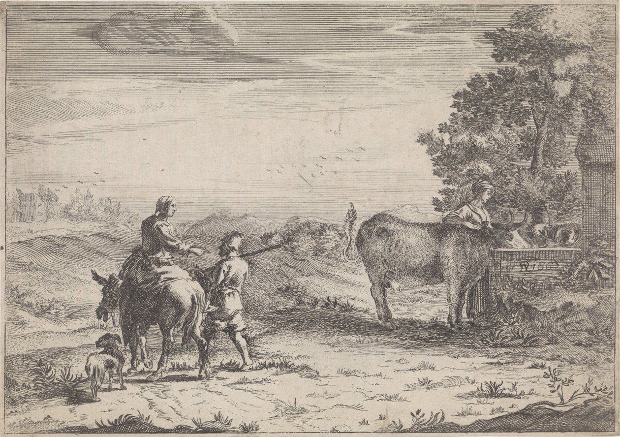 Paesaggio con donna che abbevera una mucca da Adriaen Oudendijck