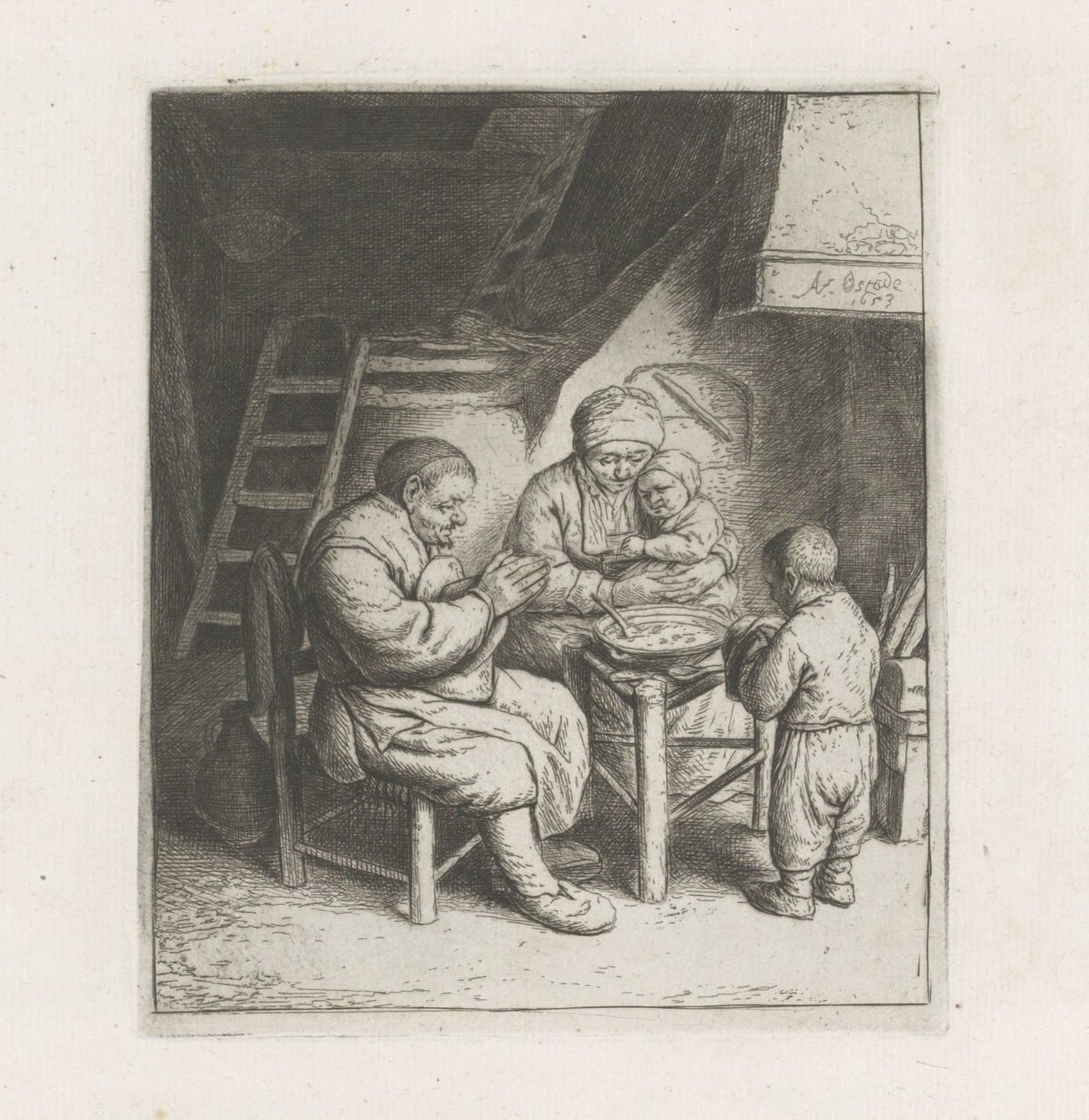 Famiglia che prega prima del pasto da Adriaen van Ostade