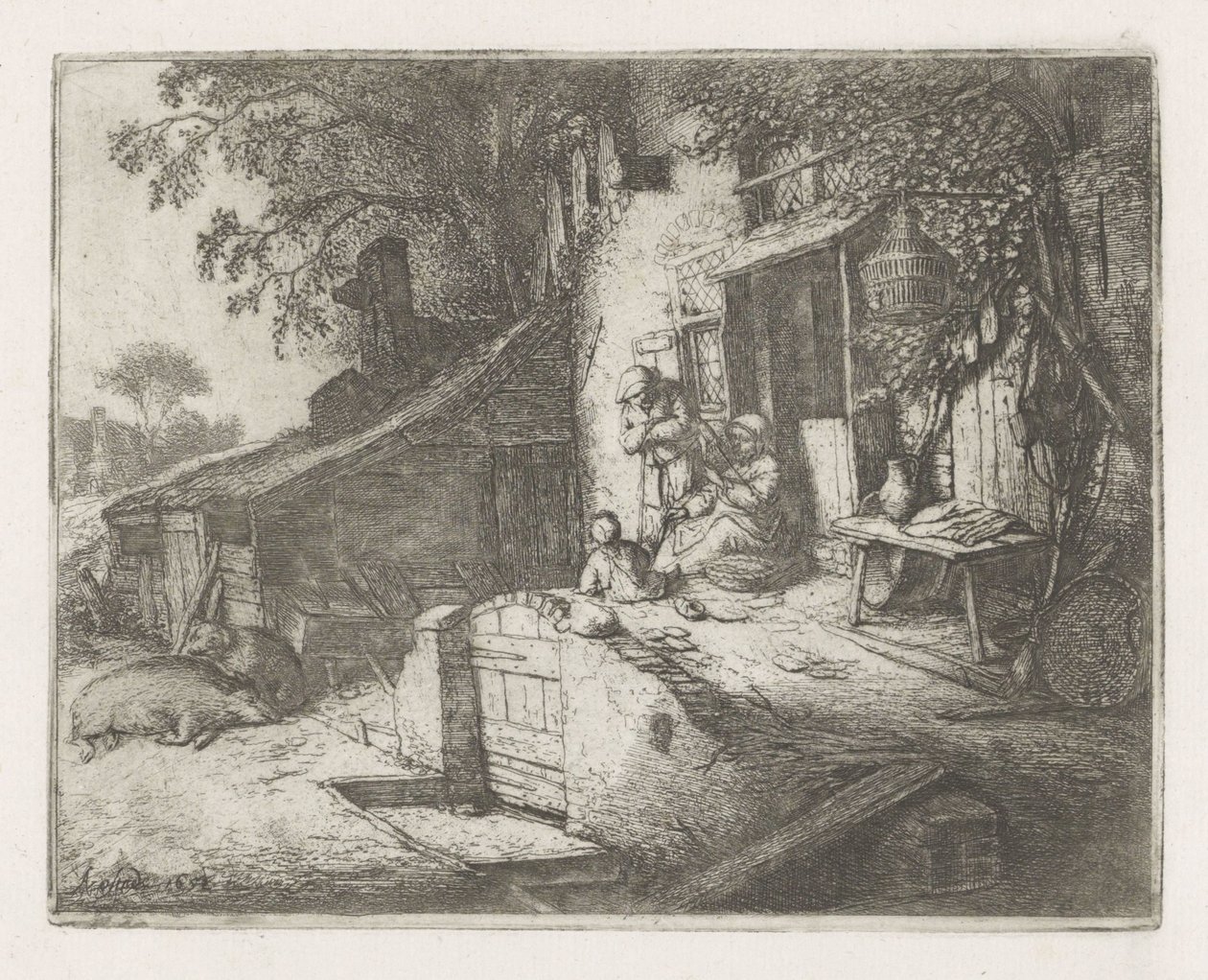 Donna che fila davanti a una casa da Adriaen van Ostade