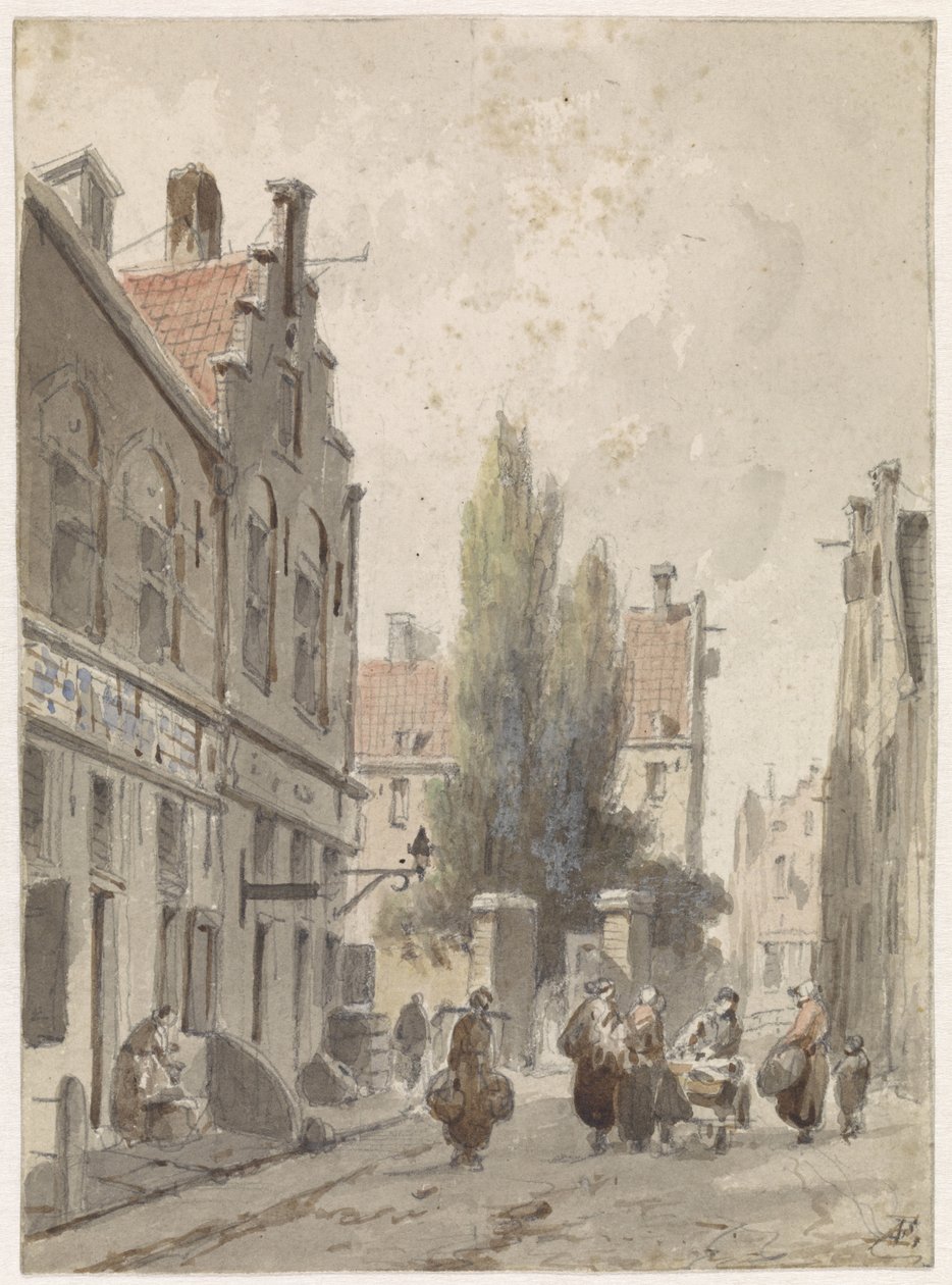 Veduta di città con un mercante ambulante da Adrianus Eversen