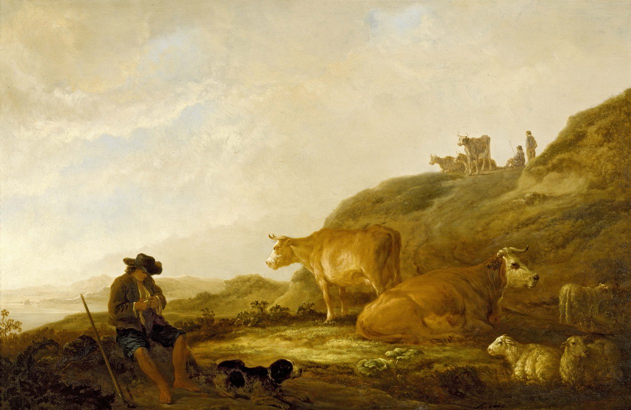 Pastore seduto con mucche e pecore in un prato, 1644 da Aelbert Cuyp