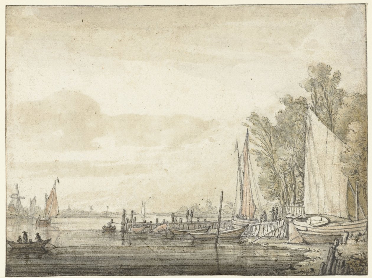 Barche presso un molo in un fiume da Aelbert Cuyp