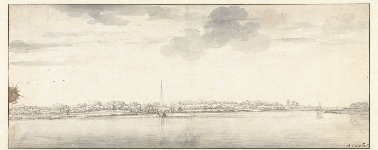 Ampia veduta fluviale con navi su acque calme da Aelbert Cuyp