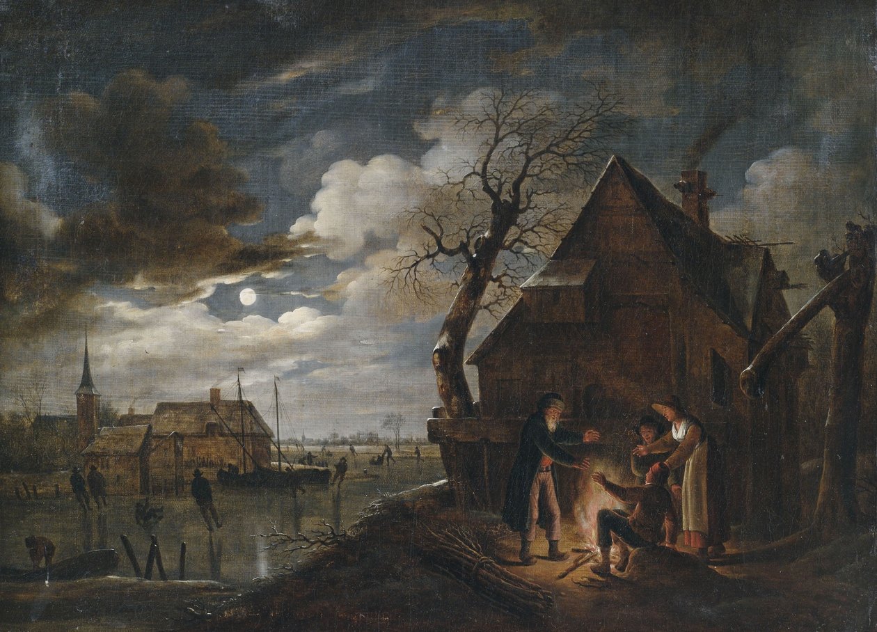 Paesaggio di canali olandesi al chiaro di luna con pattinatori e un falò dove i contadini si scaldano da Aert van der Neer