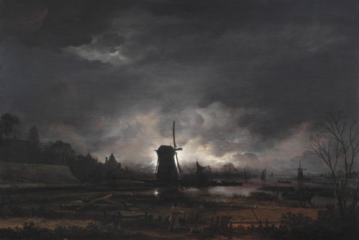 Paesaggio al chiaro di luna con mulino a vento, primi-medi anni 1650 da Aert van der Neer