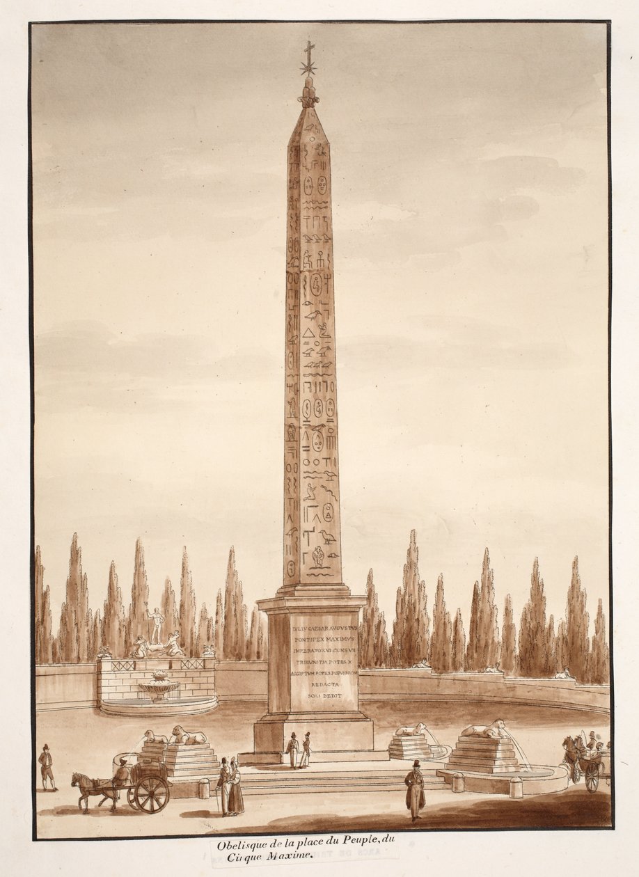 Obelisco di Piazza del Popolo, dal Circo Massimo, 1833 (incisione con lavaggio marrone) da Agostino Tofanelli