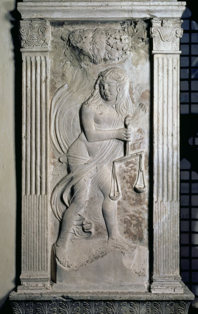 Libra rappresentata da un giovane che tiene una bilancia, da una serie di rilievi che raffigurano i simboli planetari e i segni dello zodiaco, c.1450 da Agostino di Duccio