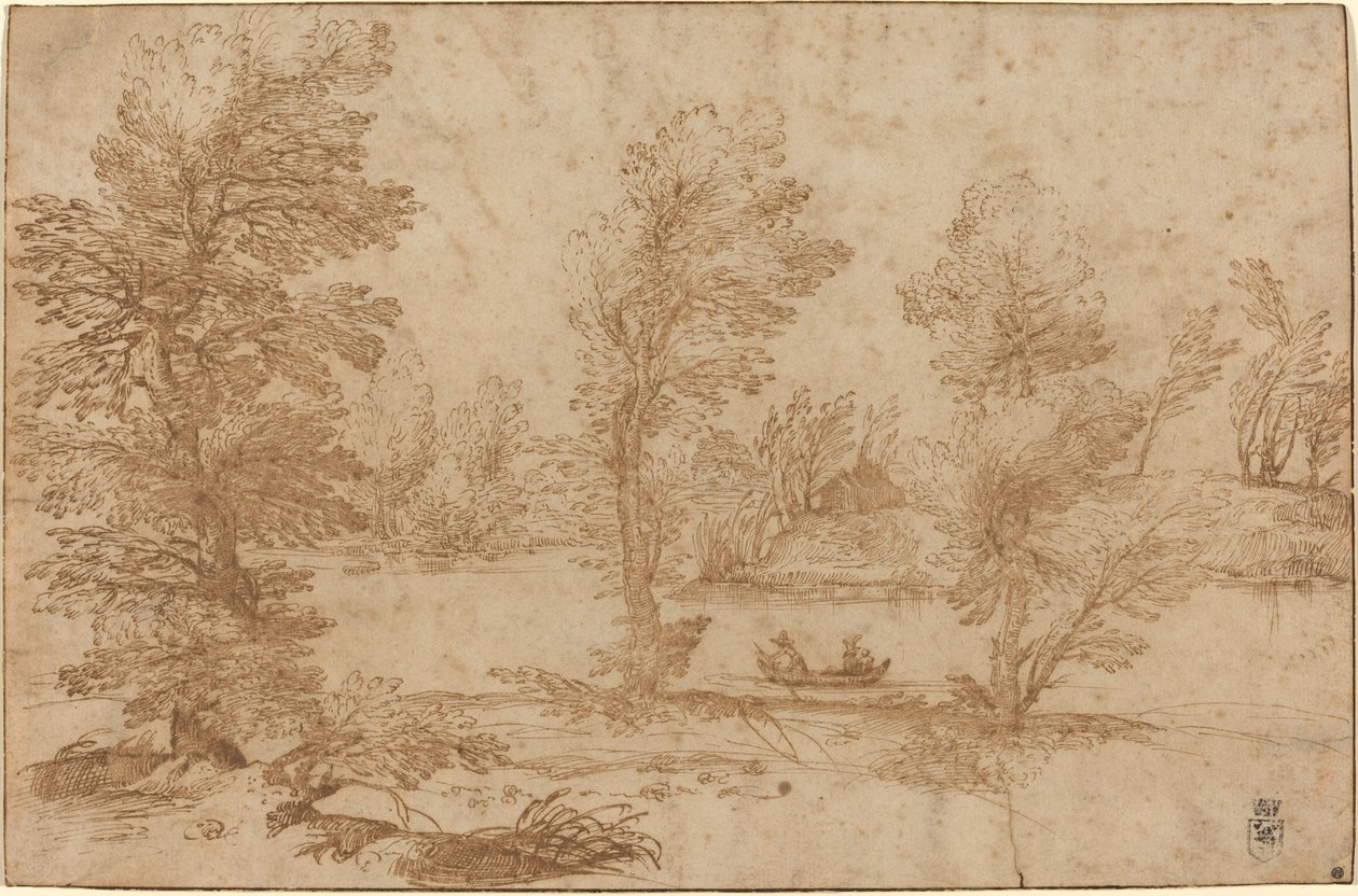 Fiume boschivo con una barca da Agostino Carracci