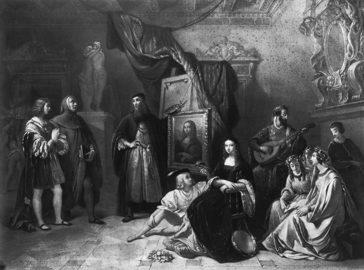 Leonardo da Vinci che dipinge la Gioconda, inciso da Lemoine, 1845 da Aimee Brune