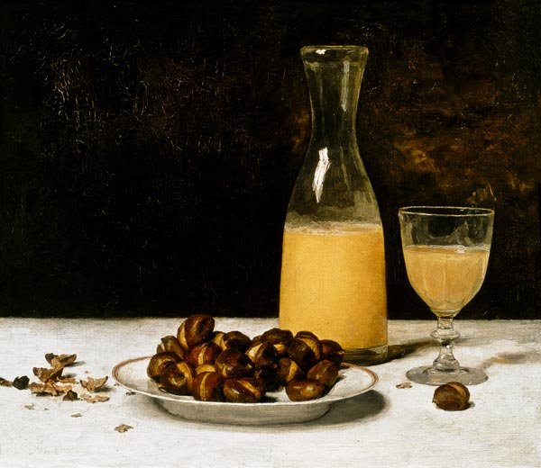 Natura morta con vino e castagne da Albert Anker