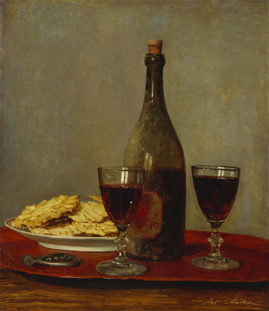 Natura morta con due bicchieri di vino rosso da Albert Anker