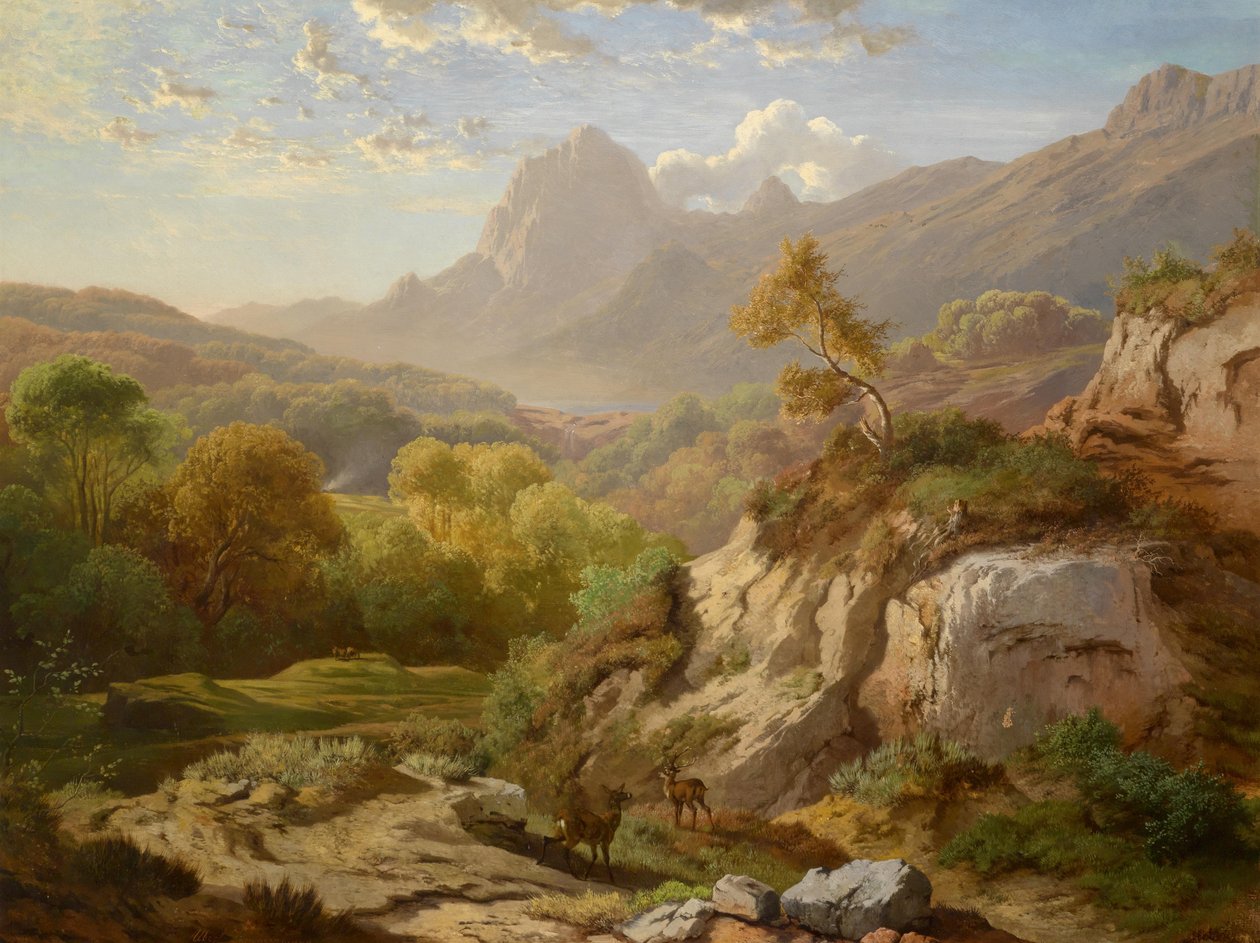 Cervi in un ampio paesaggio montano da Albert August Zimmermann