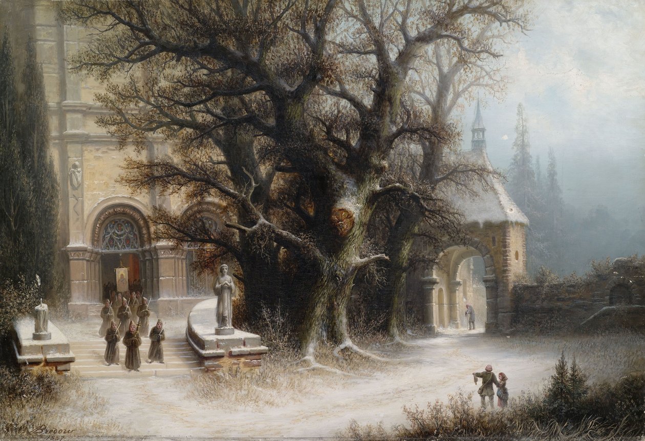 Processione in un complesso monastico innevato da Albert Bredow