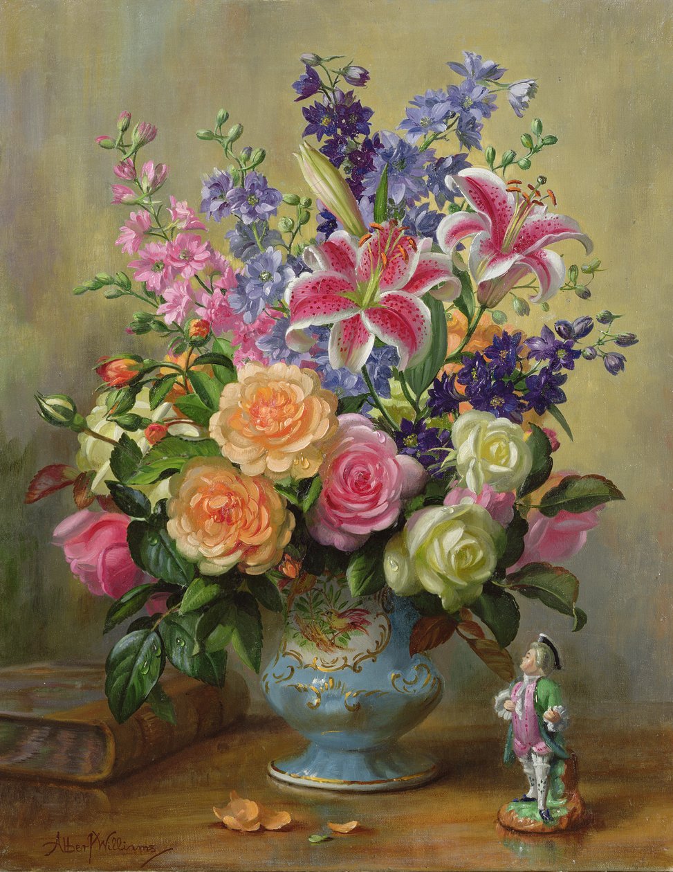 AB250 Natura morta di rose, gigli e delphinium da Albert Williams