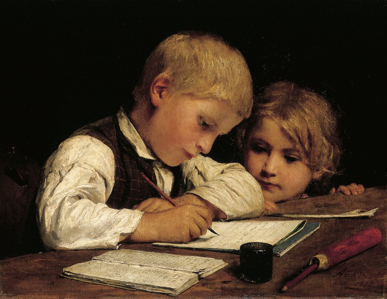 Ragazzo che scrive con sua sorella, 1875 da Albert Anker