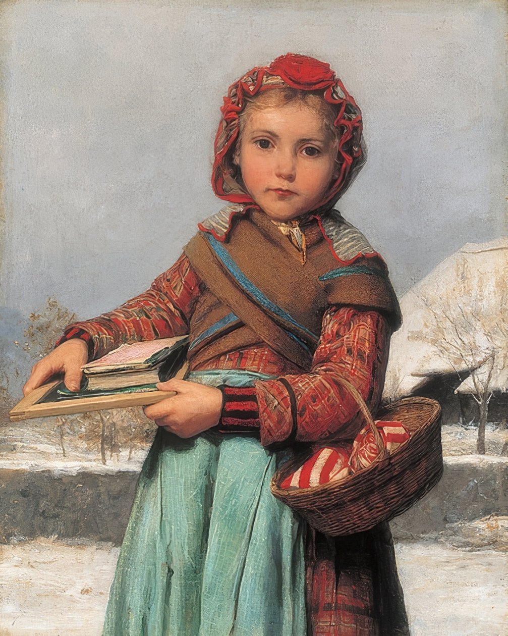 Scolara con lavagna e cestino da cucito. 1878 da Albert Anker