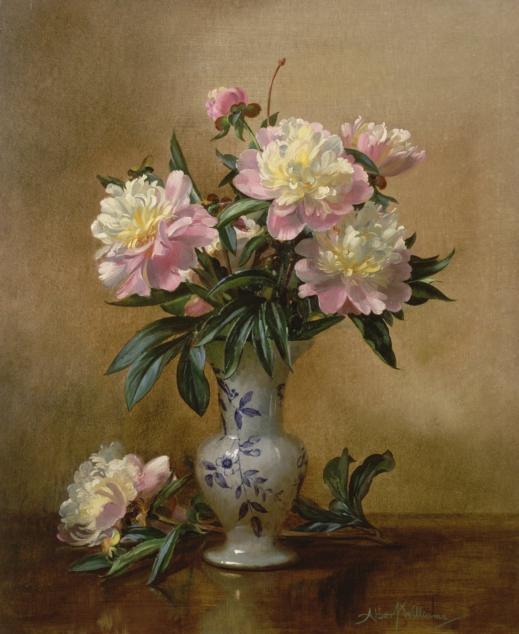 Peonie in un vaso blu e bianco da Albert Williams