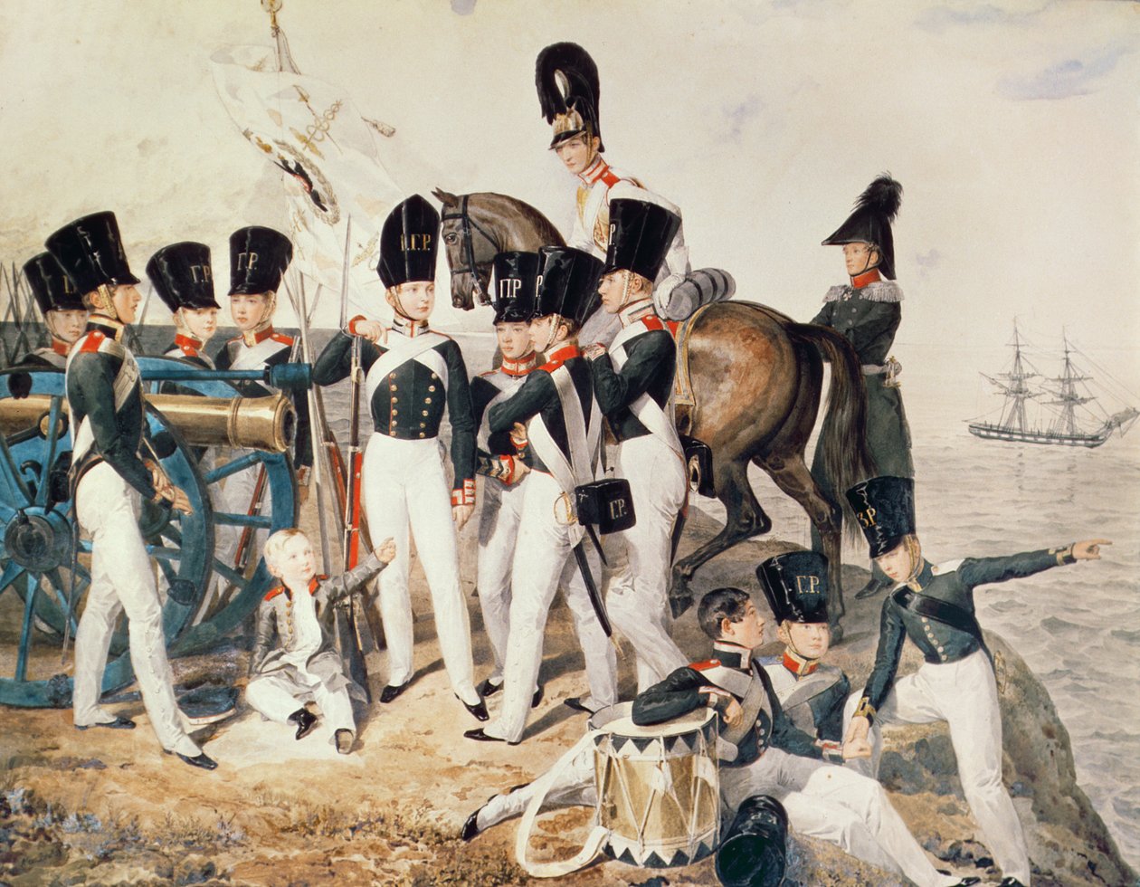 Lo zarevic Alessandro (1818-81) con i suoi cadetti a Peterhof da Aleksandr Pavlovich Bryullov