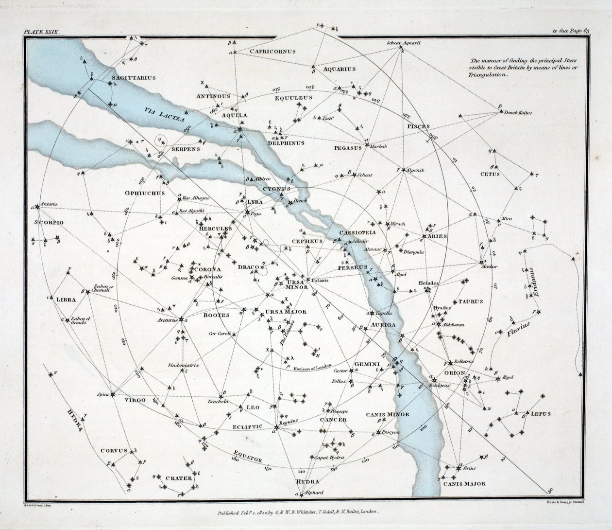 Mappa che mostra le principali stelle visibili in Gran Bretagna (Tavola XXIX), da 