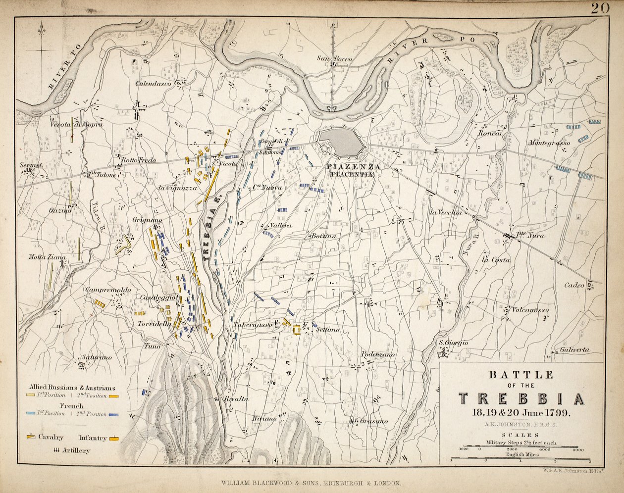 Mappa della battaglia di Trebbia, pubblicata da William Blackwood and Sons, Edimburgo e Londra, 1848 da Alexander Keith Johnston