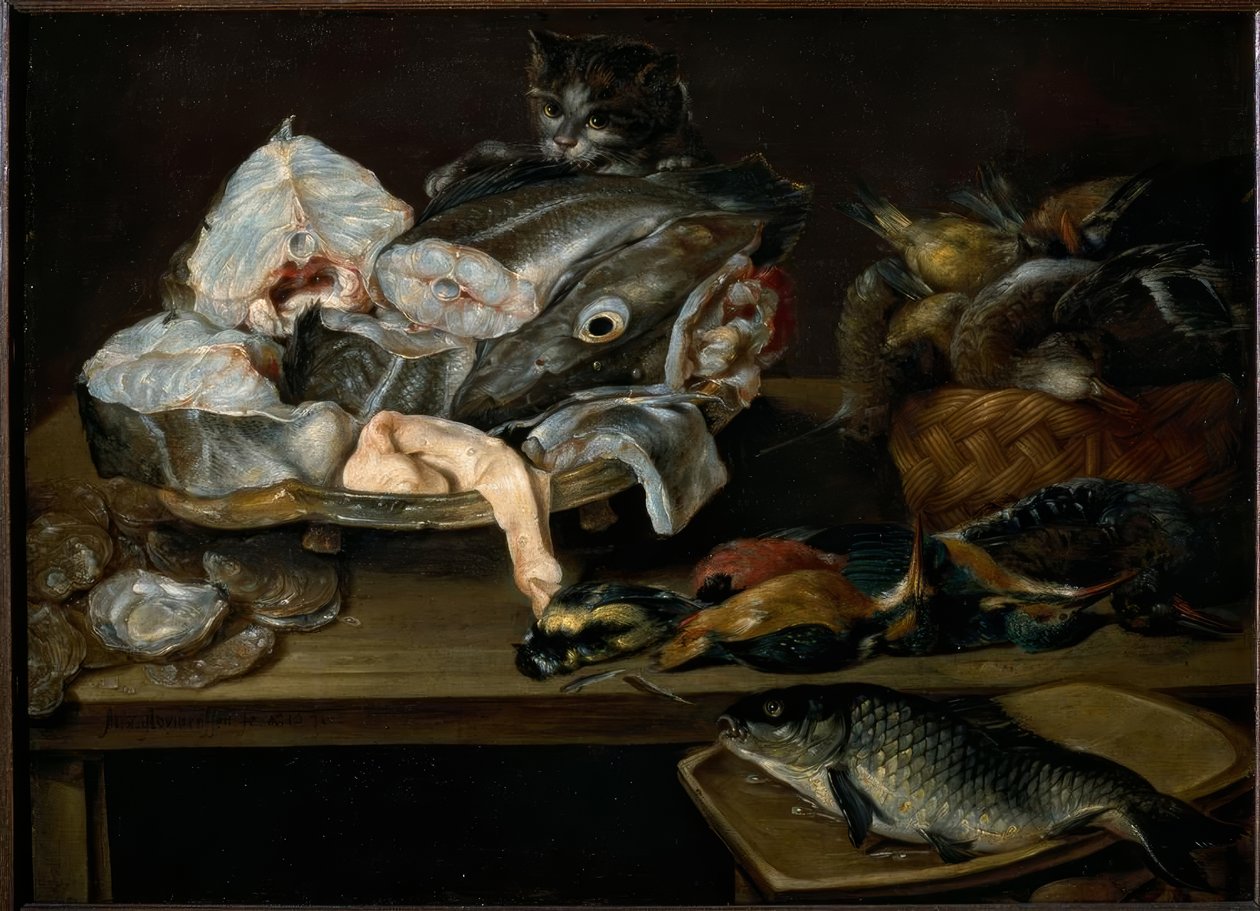 Natura morta con pesci, frutti di mare, pollame e gatto da Alexander van Adriaenssen