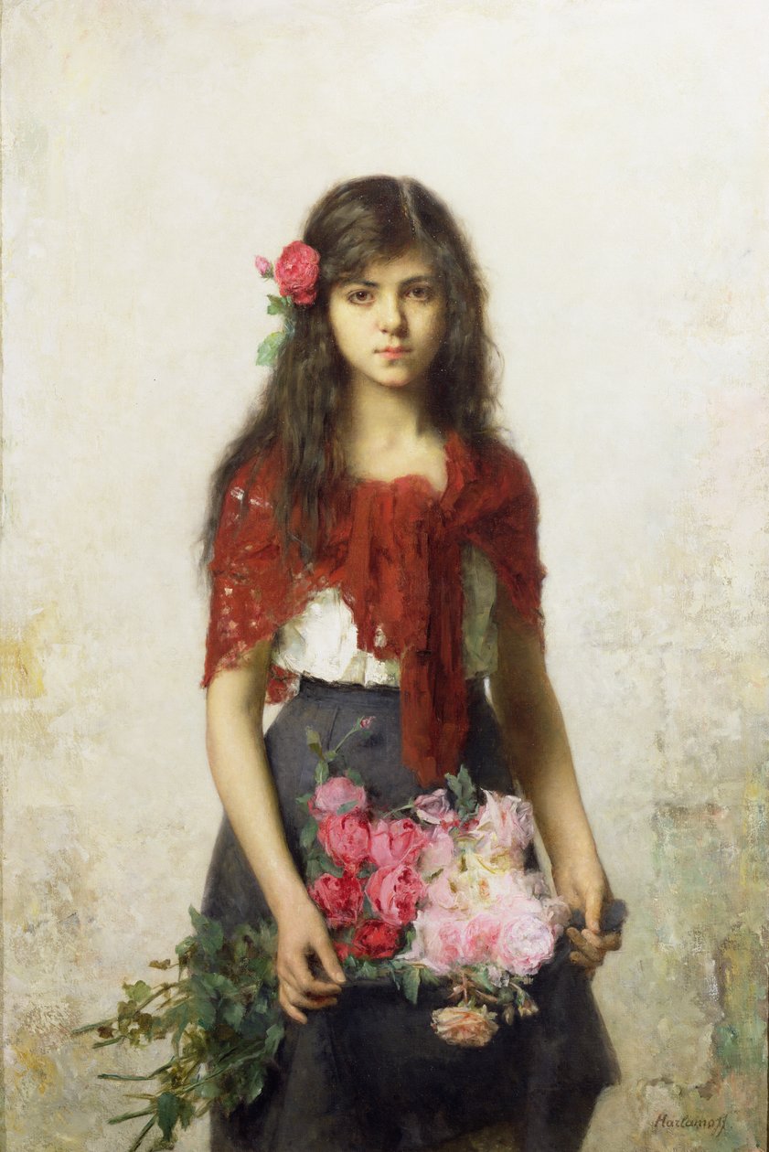 Giovane ragazza con fiori da Alexei Alexevich Harlamoff