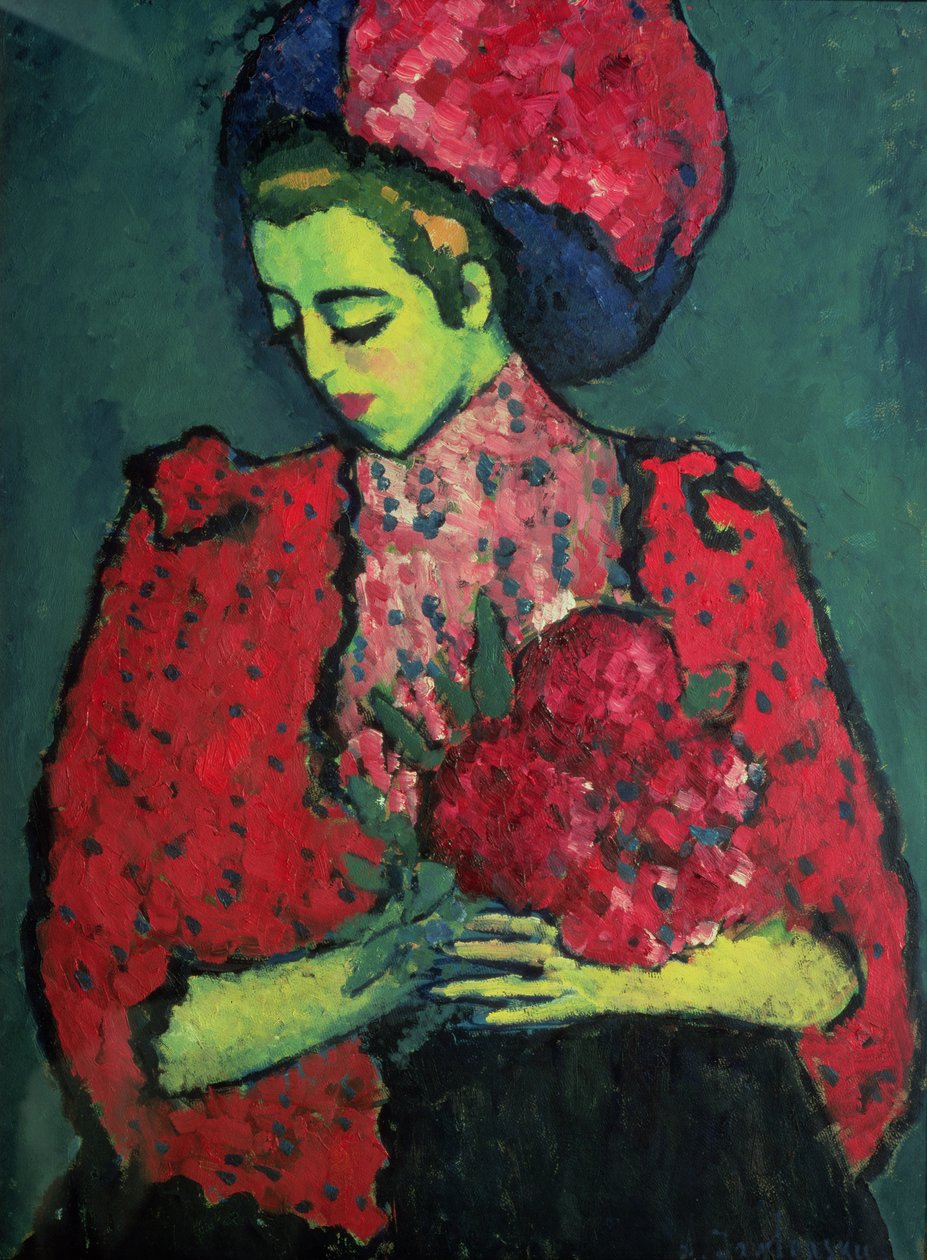 Giovane ragazza con peonie da Alexej von Jawlensky