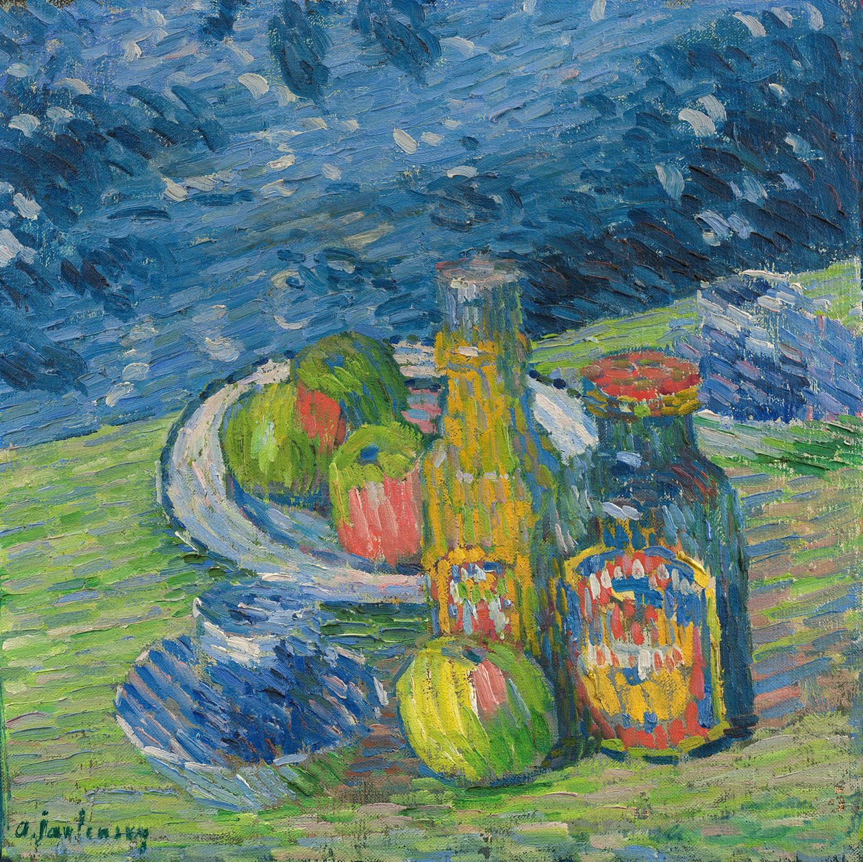 Natura morta con bottiglie e frutta da Alexej von Jawlensky