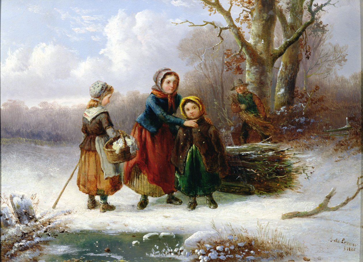 Tre ragazze in un paesaggio invernale, 1865 da Alexis de Leeuw