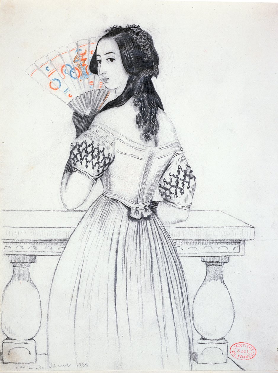 George Sand (1804-76) con un ventaglio da Alfred de Musset