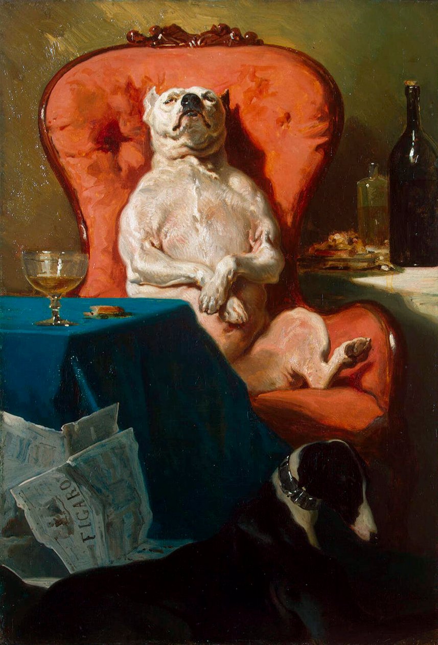 Cane Carlino in una poltrona da Alfred De Dreux