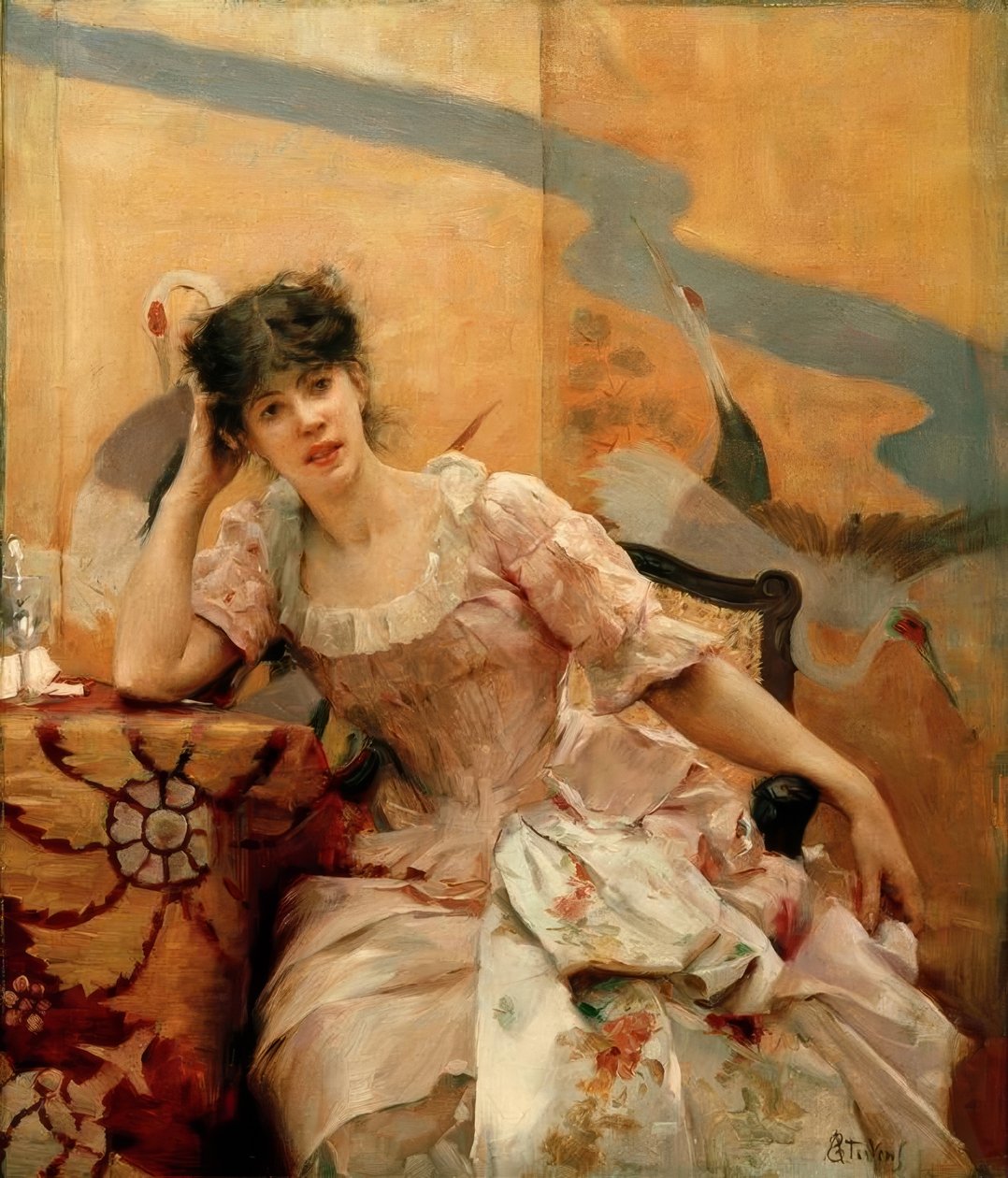 Giovane donna e paravento giapponese da Alfred Emile Stevens