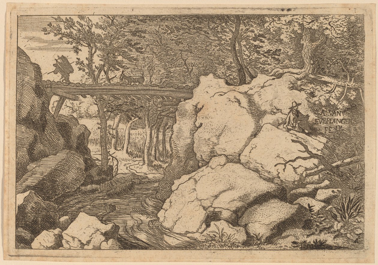 Capra su un piccolo ponte da Allart van Everdingen