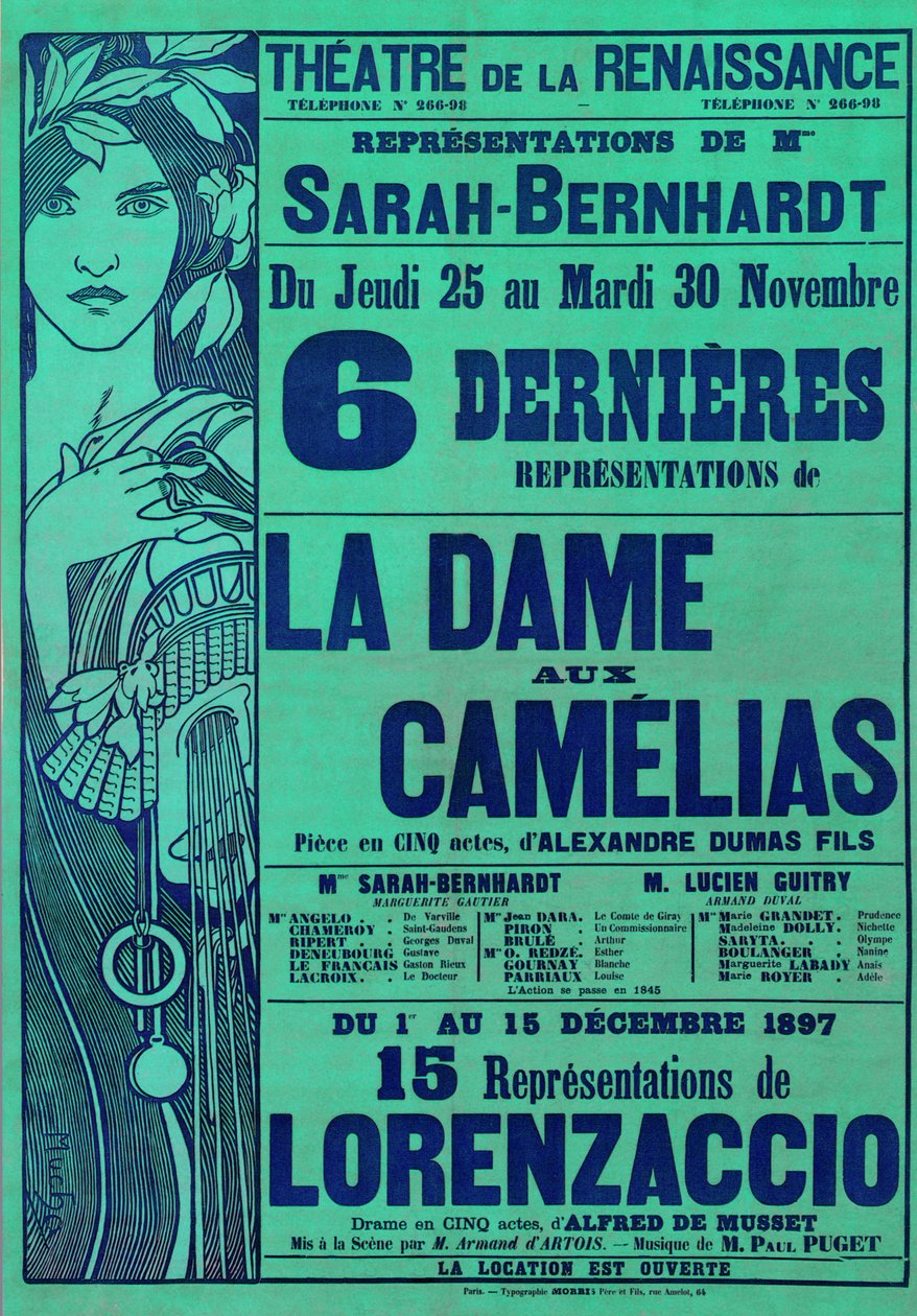 Poster pubblicitario per La Dame aux Camelias di Alexandre Dumas e Lorenzaccio di Alfred de Musset, con Sarah Bernhardt, Theatre du Renaissance, Parigi, 1897 da Alphonse Mucha