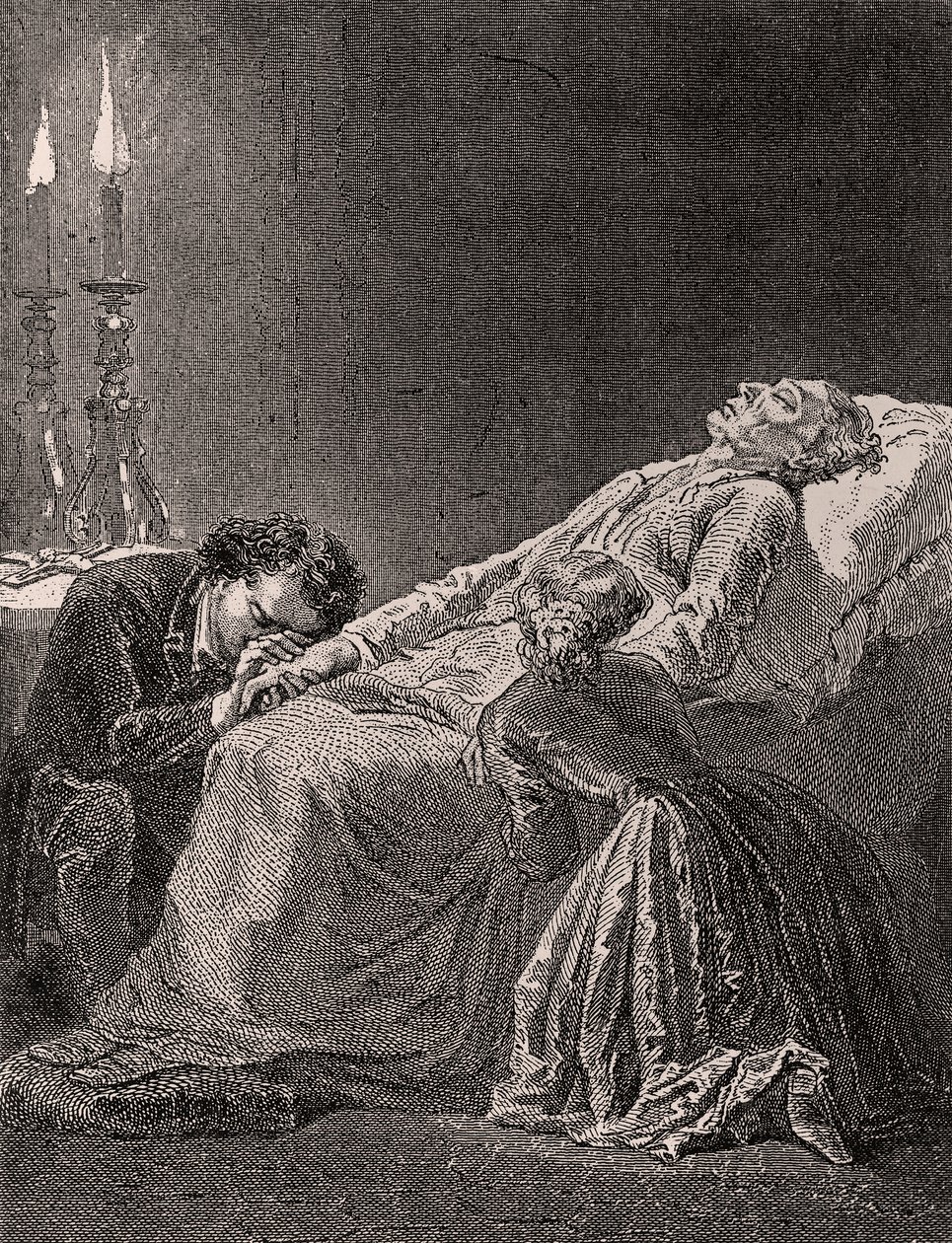 Morte di Jean Valjean tra Cosette e Marius - illustrazione da Les Misérables, XIX secolo da Alphonse Marie de Neuville