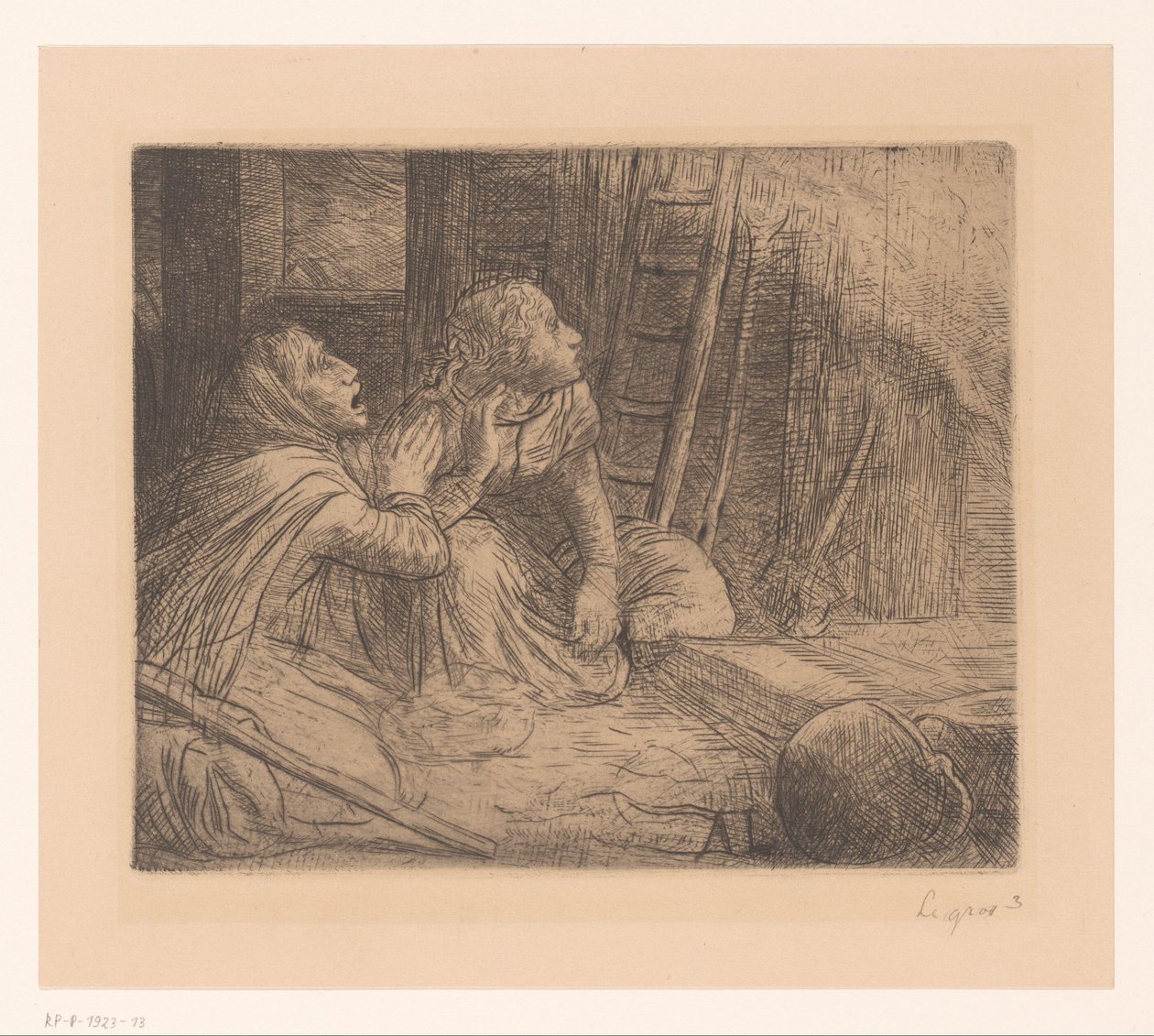 Due donne inginocchiate che guardano in alto da Alphonse Legros (signed by artist)
