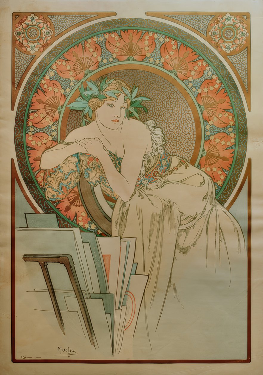 Donna con papaveri e cartella grafica da Alphonse Mucha