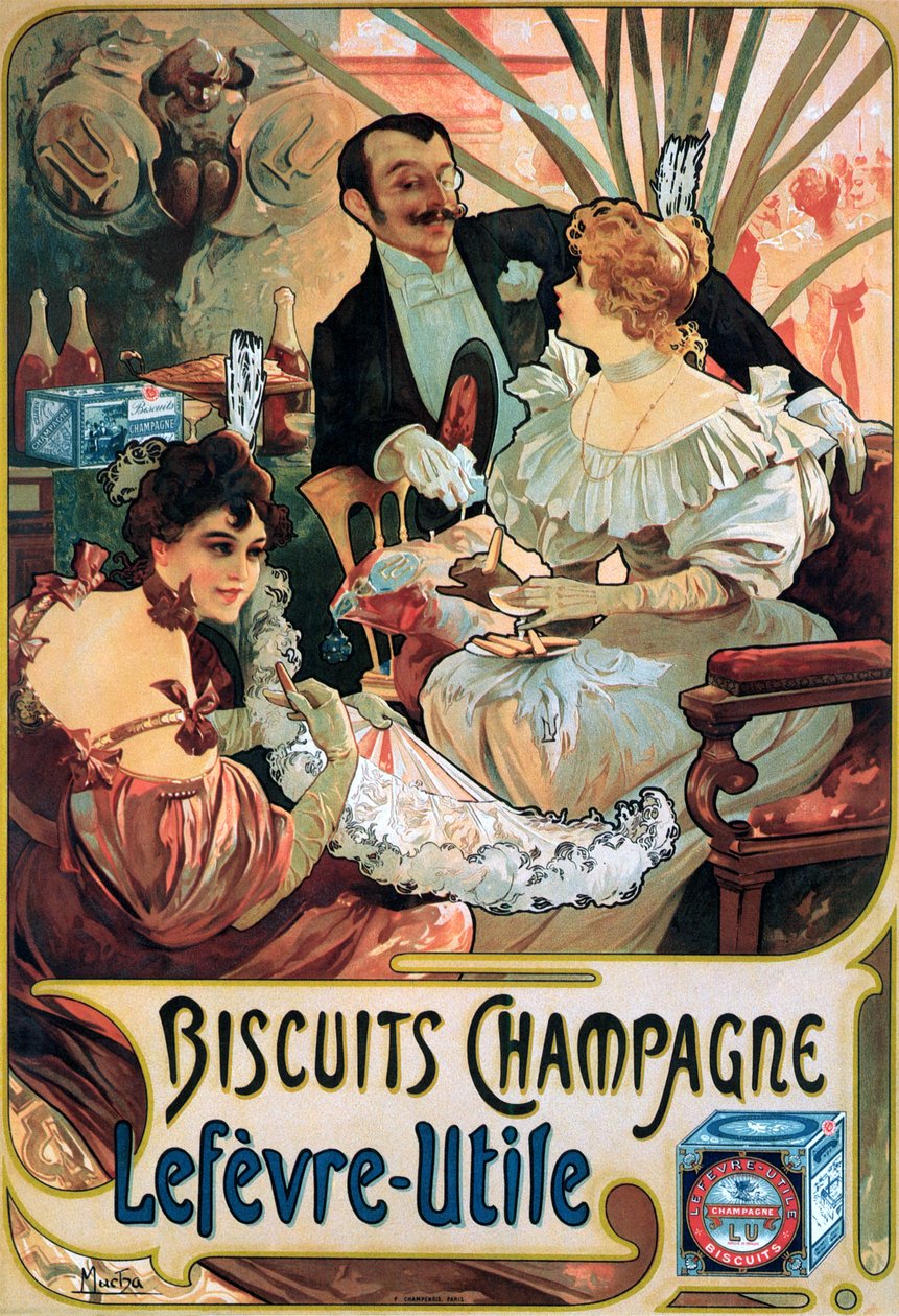 Poster pubblicitario per Biscotti Champagne Lefèvre-Utile da Alphonse Mucha