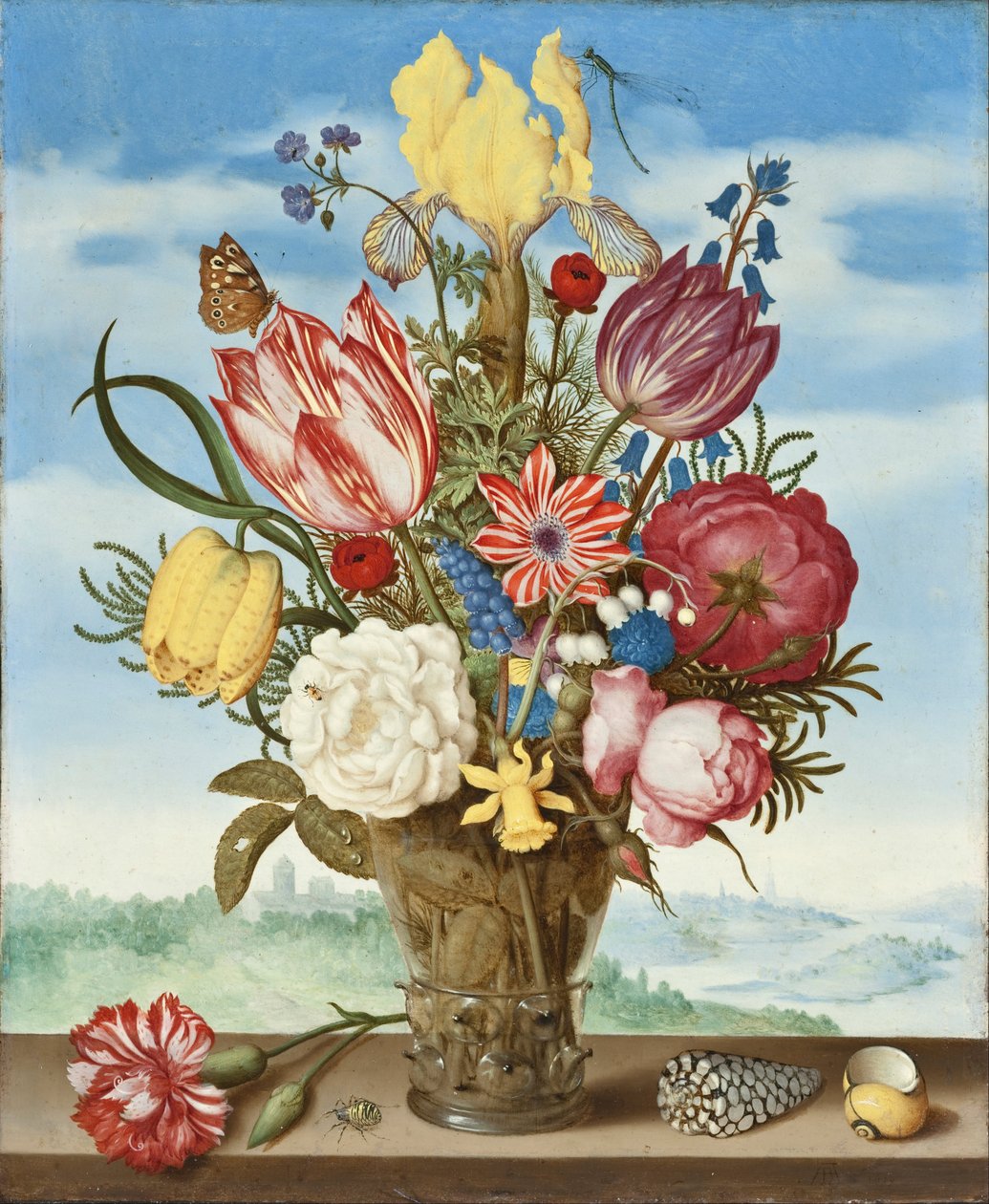 Bouquet di fiori su un cornicione da Ambrosius Bosschaert