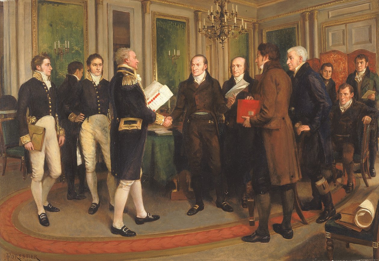 La firma del Trattato di Gand, Vigilia di Natale, 1814, 1914 da Amedee Forestier