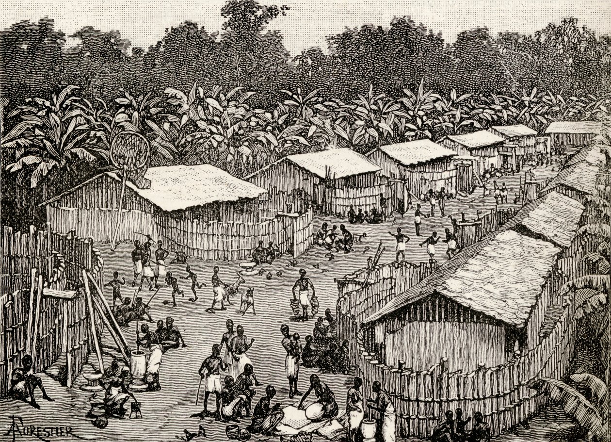 Veduta del villaggio di Utiri, Tanzania, 1890 (incisione su legno) da Amedee Forestier
