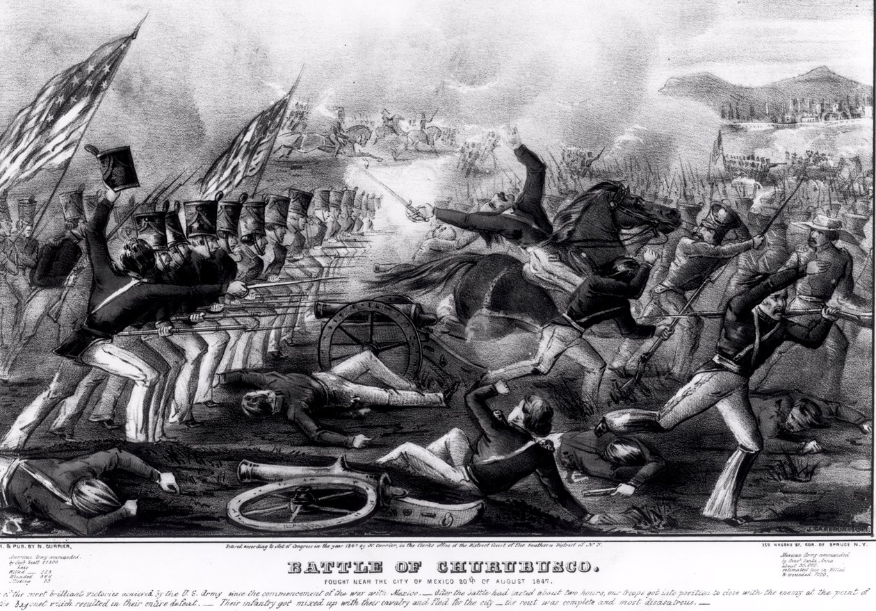 Battaglia di Churubusco, combattuta vicino alla città del Messico, 20 agosto 1847, incisa e pubblicata da Nathanial Currier (1813-88) 1847 da American School