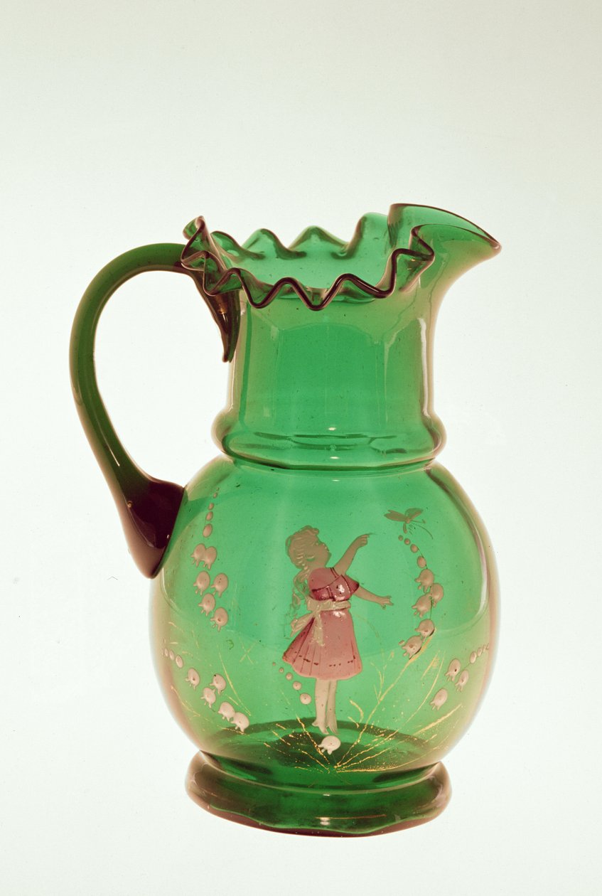 Brocca verde di Mary Gregory con pittura a smalto cotto di bambino, possibilmente boema, fine XIX secolo (vetro) da American School