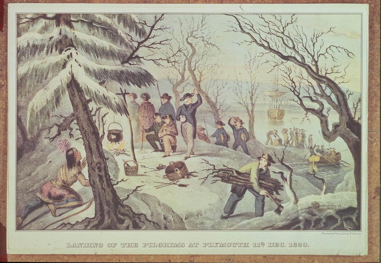 Lo sbarco dei pellegrini a Plymouth, 11 dicembre 1620, inciso da Nathaniel Currier da American School